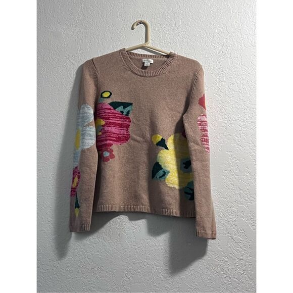 Sundance wool cashmere blend  M Colorful Floral Knit Sweater Tan - Picture 1 of 4